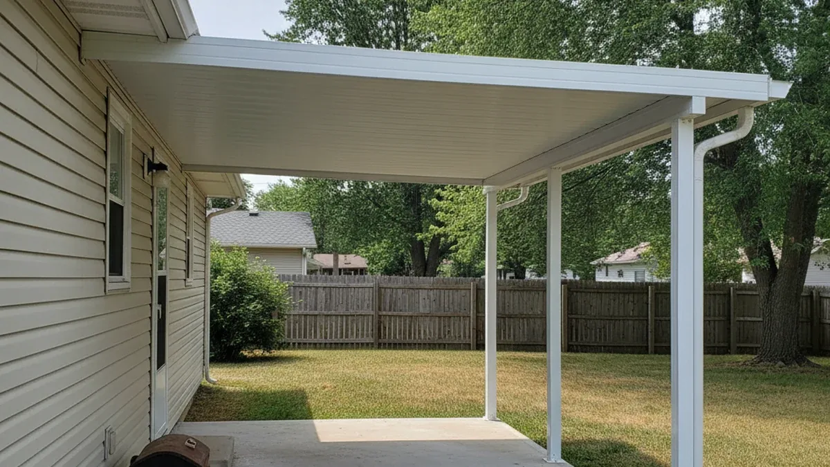 Close practical view of attached solid patio cover with straight posts and residential siding Manhattan Kansas