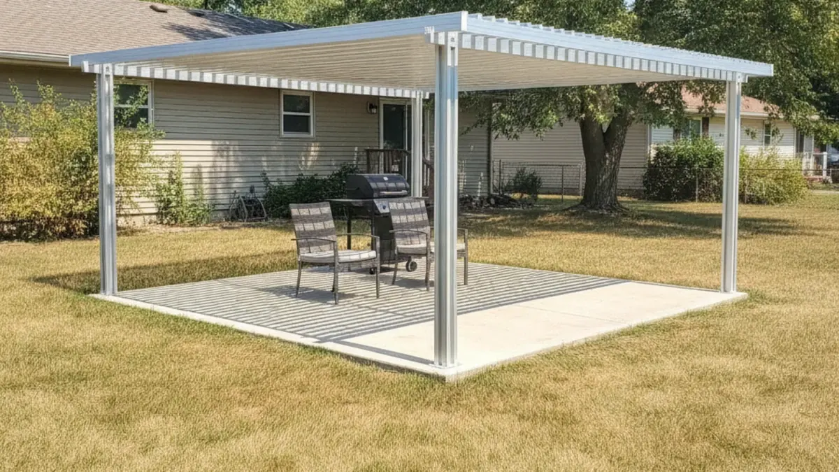White aluminum louvered patio cover with parallel adjustable slats over detached concrete patio Manhattan Kansas Riley County