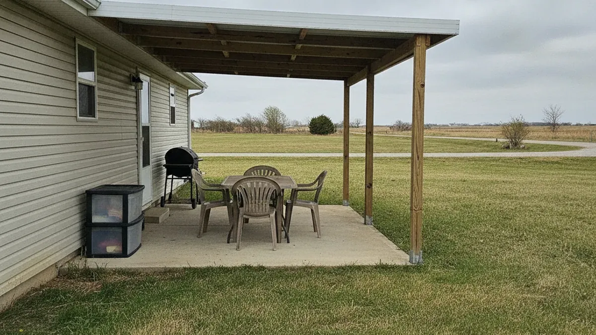 Practical attached patio cover on small Ogden Kansas Riley County home with open yard