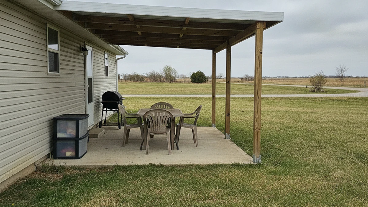 Practical attached patio cover on small Ogden Kansas Riley County home with open yard