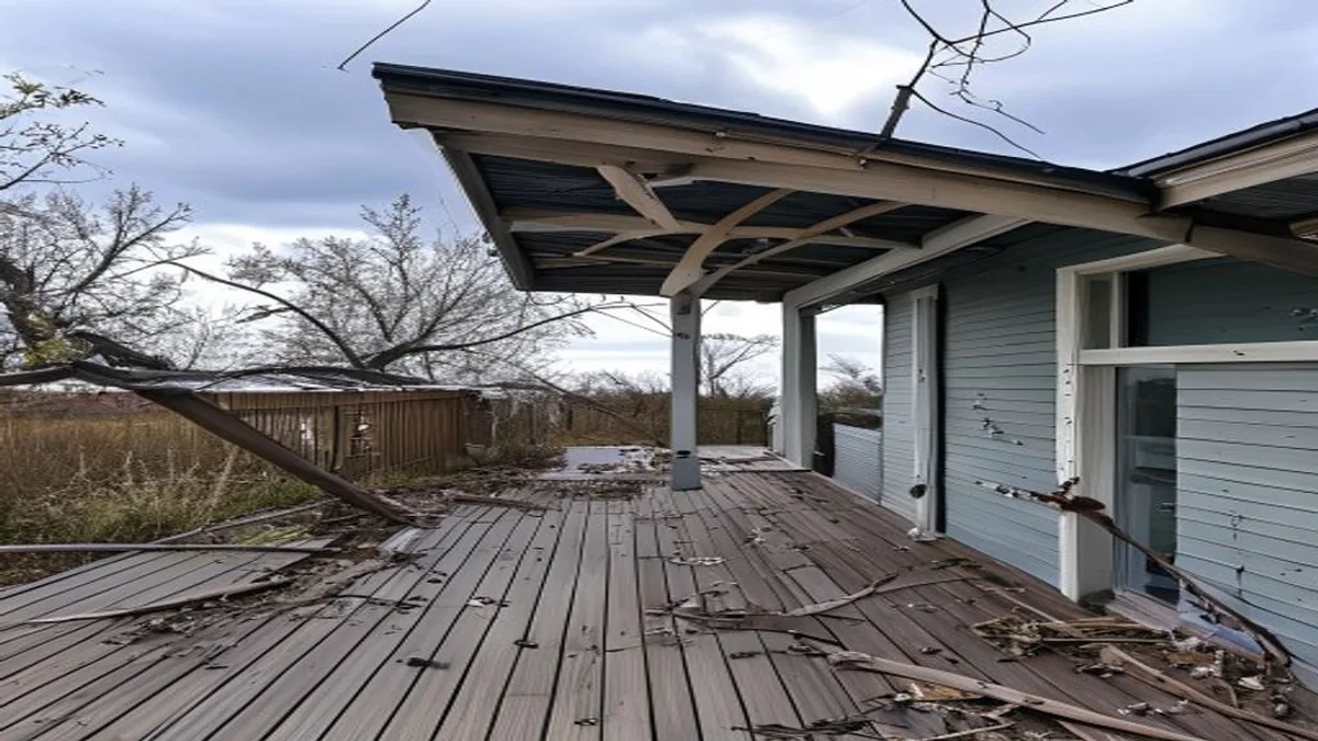 Wind-damaged patio cover Manhattan Kansas Riley County storm failure cheap construction before Kyle