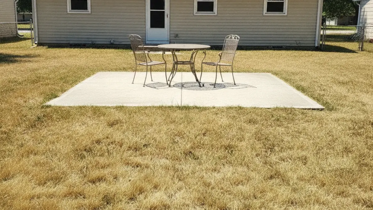 Uncovered concrete backyard patio in Manhattan Kansas full summer sun before shade cover installation